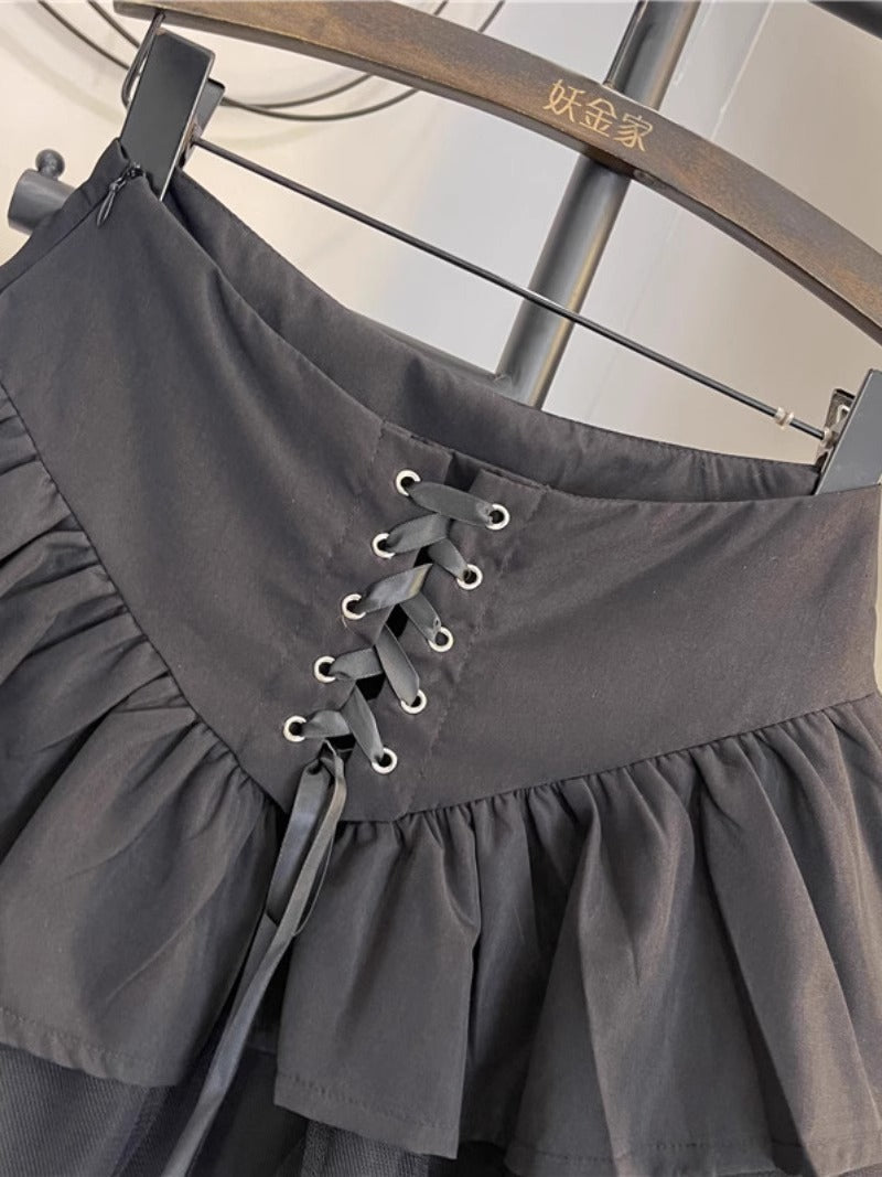 Women's Mesh Layered Lace-Up A-Line Midi Skirt