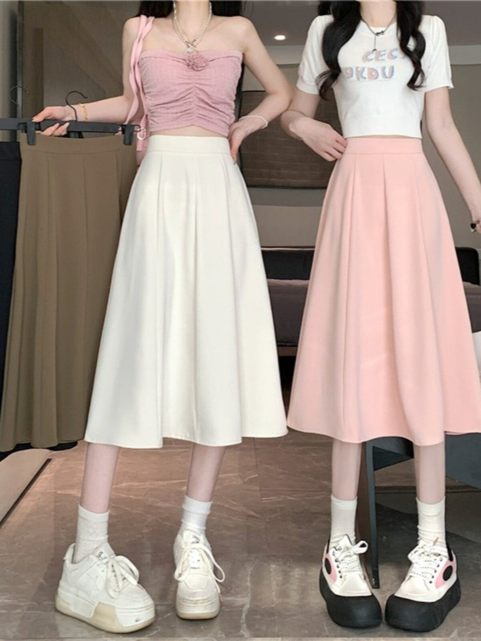 Women's High-Waist Pleated A-Line Midi Skirt with Flared Hem