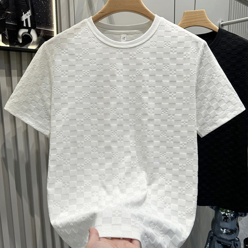Men's Plaid Pattern T-Shirt Light Luxury Casual Short Sleeve Top