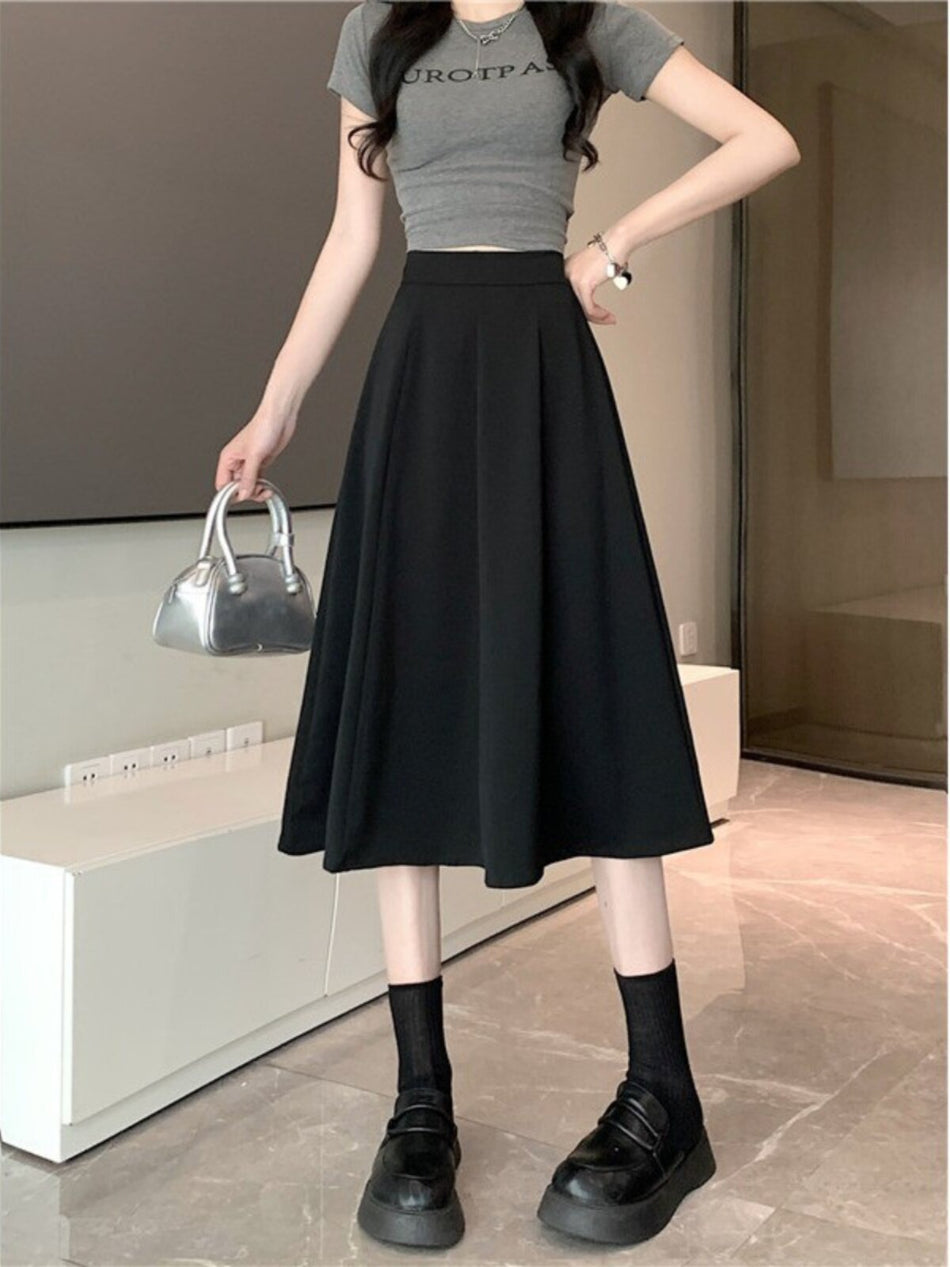 Women's High-Waist Pleated A-Line Midi Skirt with Flared Hem