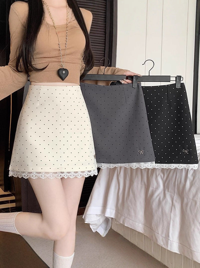 Women's High-Waist Polka Dot Lace A-Line Midi Skirt