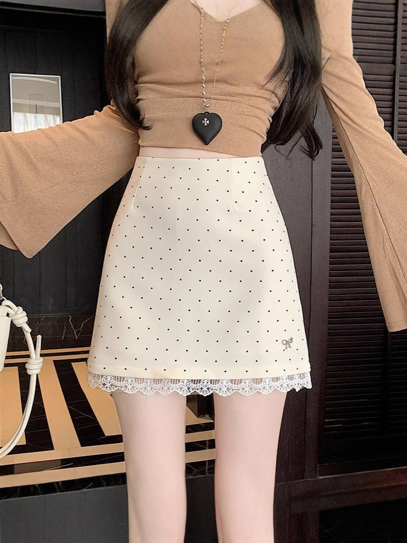 Women's High-Waist Polka Dot Lace A-Line Midi Skirt