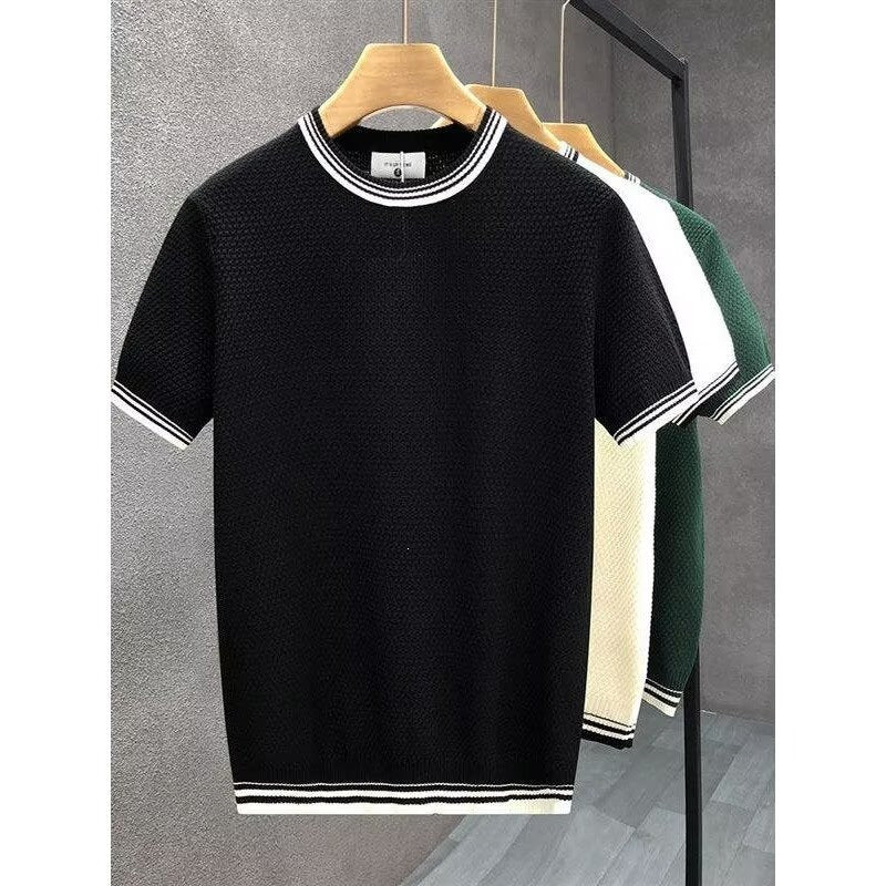 Men's Ice Silk Striped Edge T-Shirt Thin Knit Short Sleeve Top