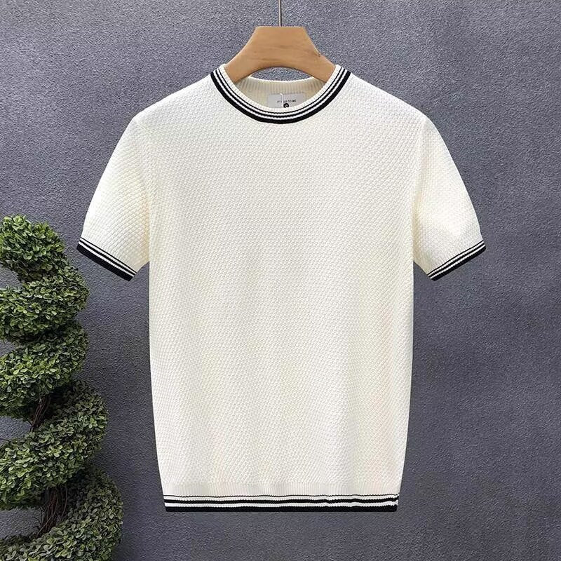 Men's Ice Silk Striped Edge T-Shirt Thin Knit Short Sleeve Top