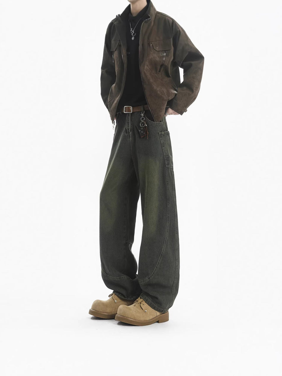 Men's 3D Cut Distressed Wide Leg Jeans with Large Pockets