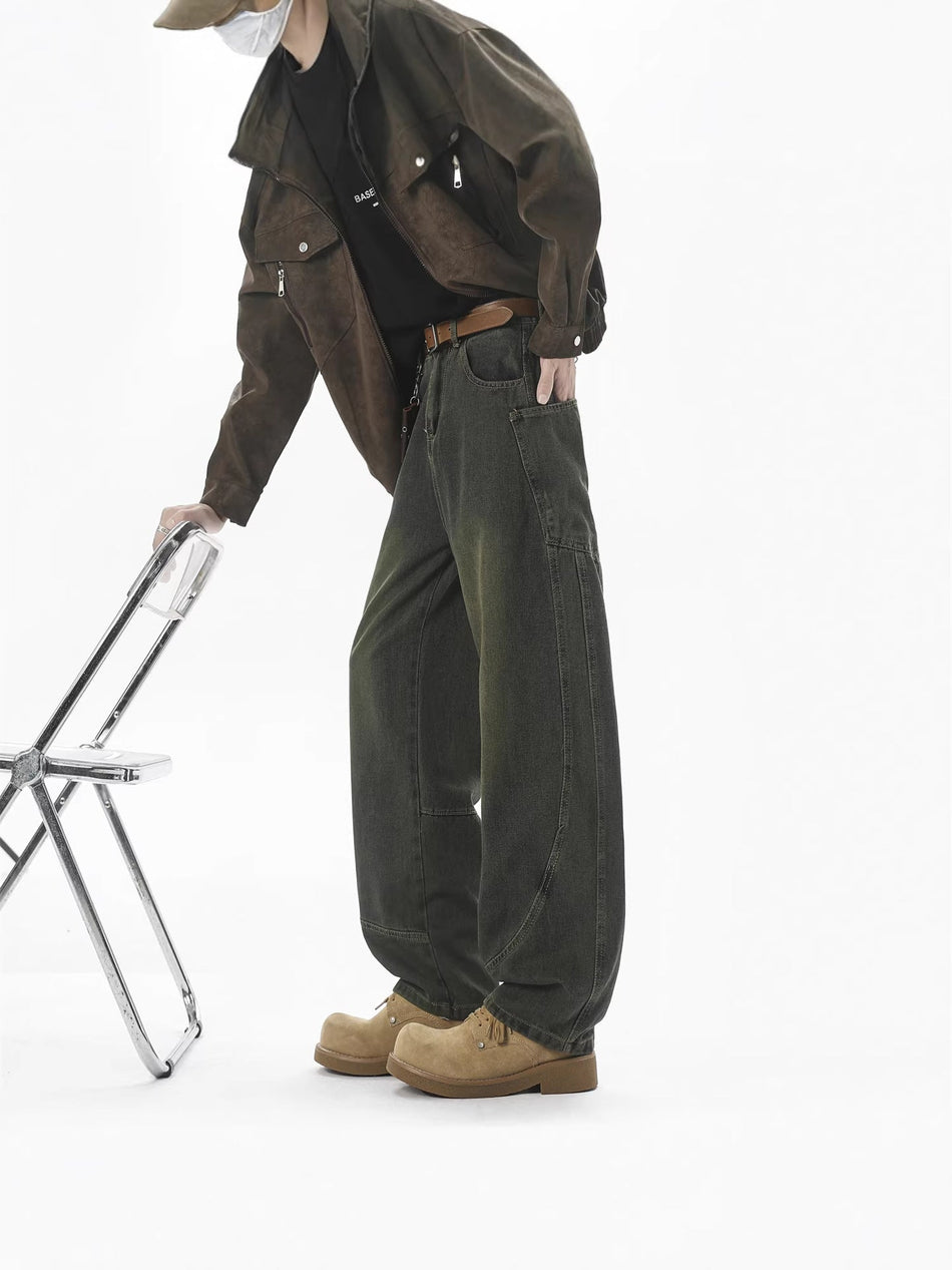 Men's 3D Cut Distressed Wide Leg Jeans with Large Pockets