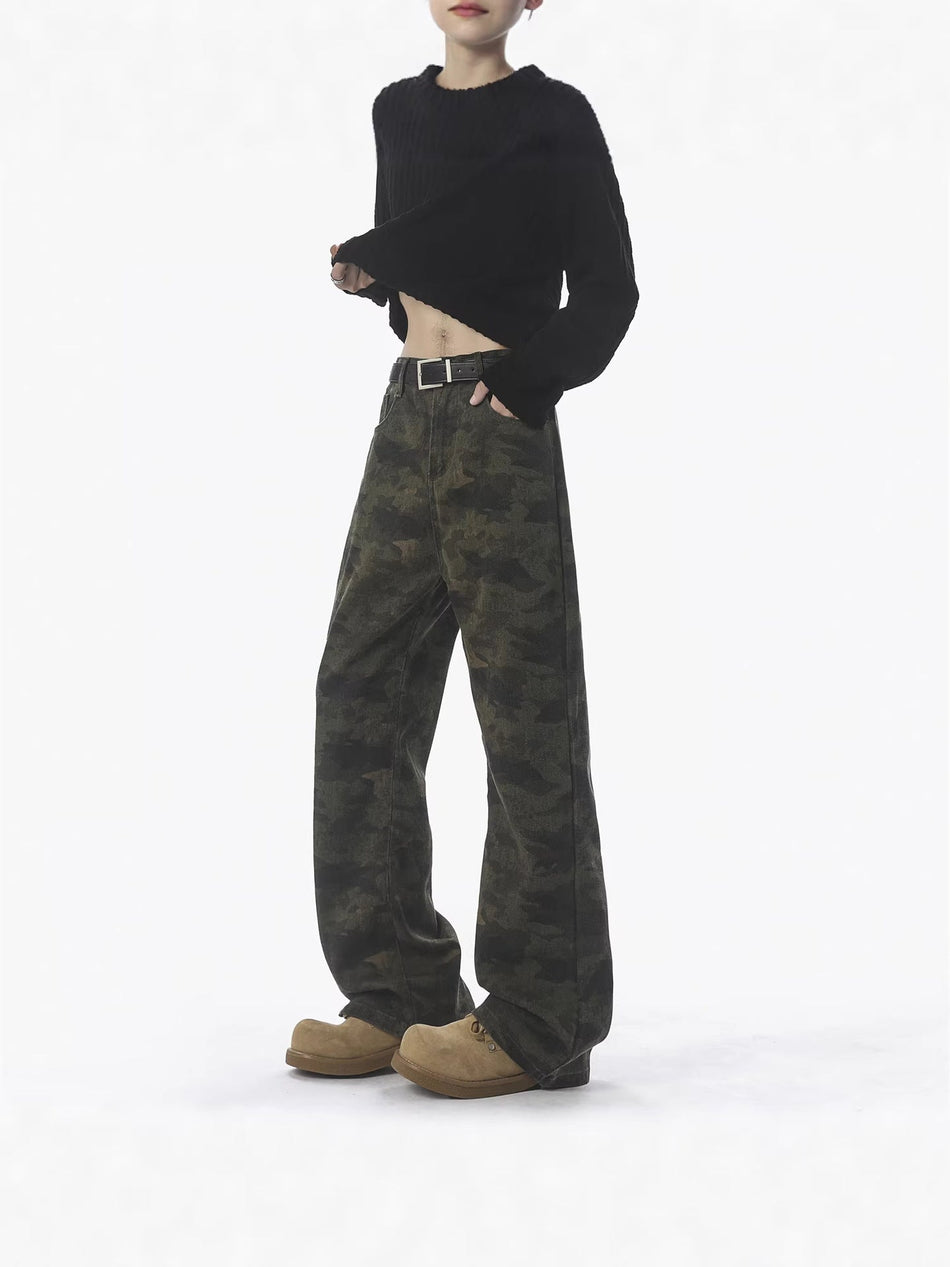 Unisex Camouflage Slim Straight Flared Jeans Casual Denim Pants