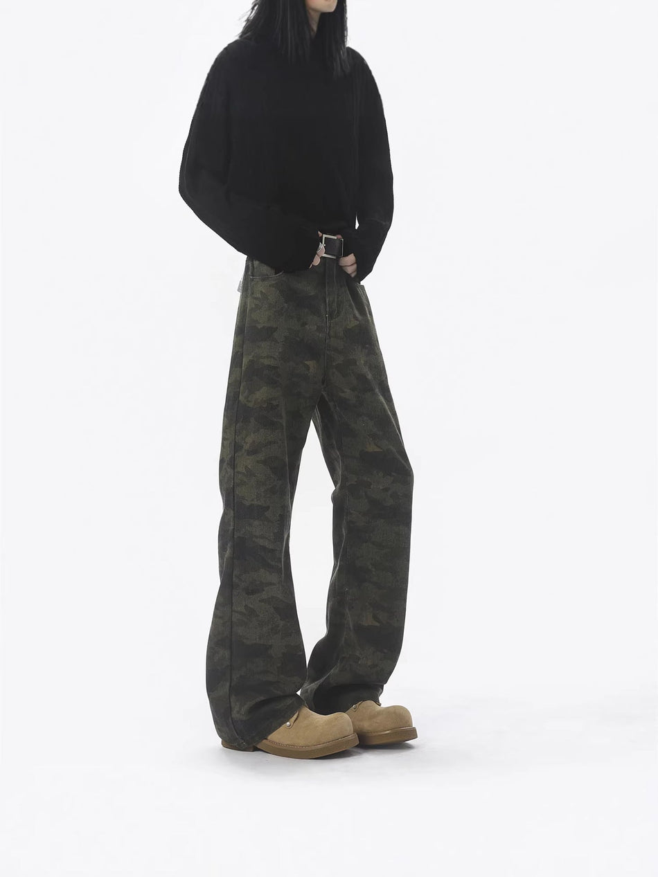Unisex Camouflage Slim Straight Flared Jeans Casual Denim Pants