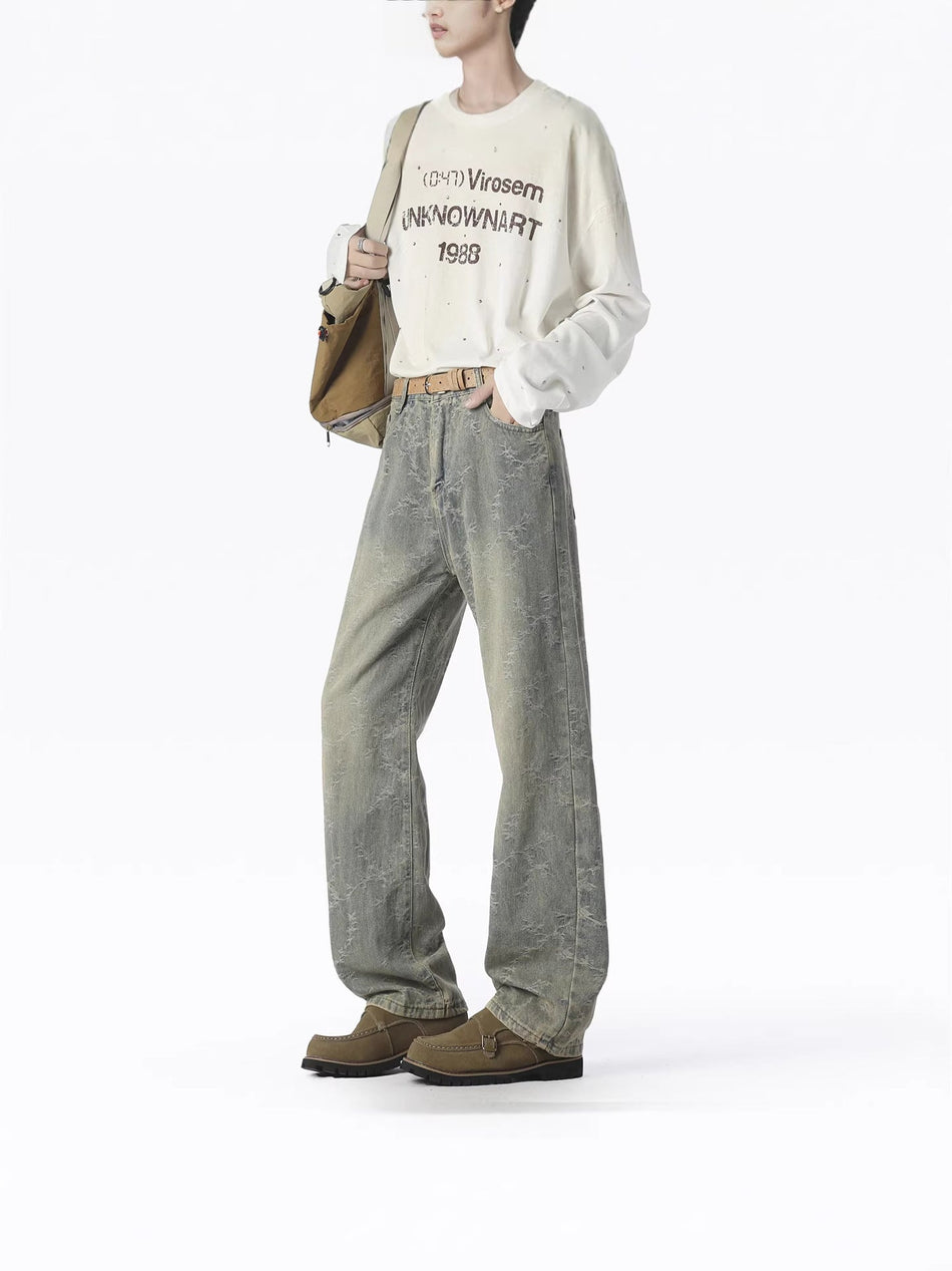 Men's Retro Brown Wide Leg Straight Jeans Casual Denim Pants