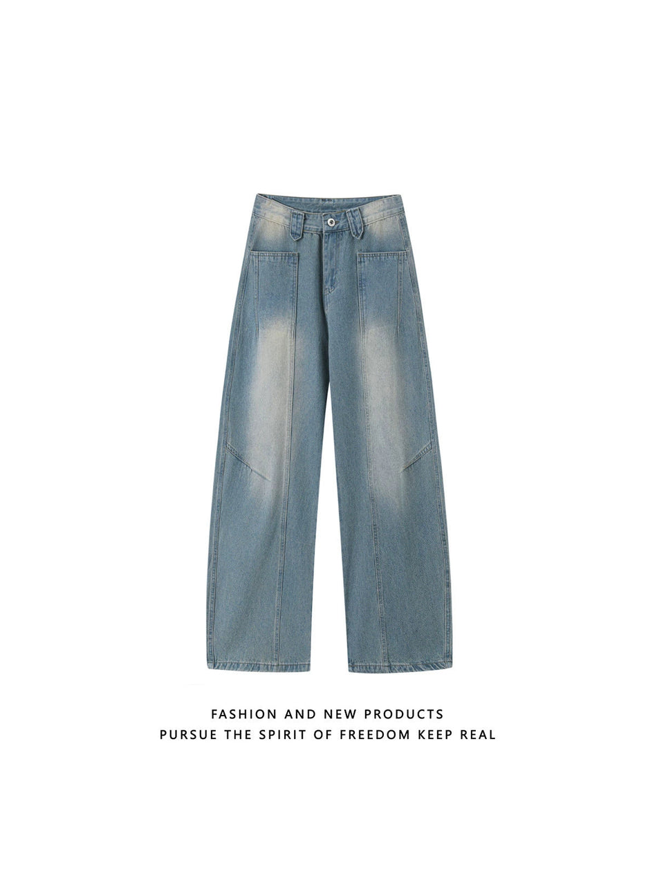 Men's Washed Light Blue Wide Leg Jeans Cleanfit Straight Pants