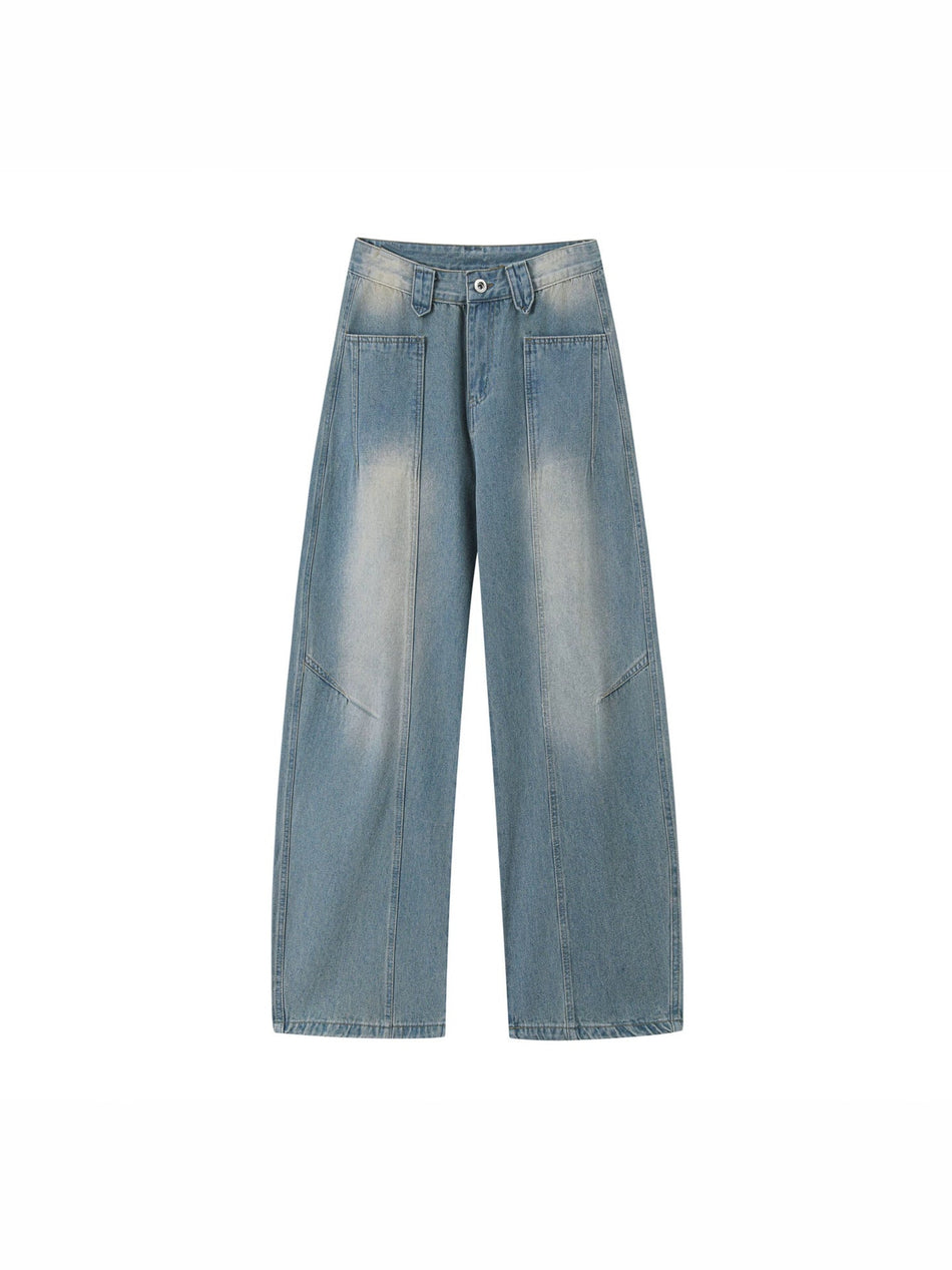 Men's Washed Light Blue Wide Leg Jeans Cleanfit Straight Pants