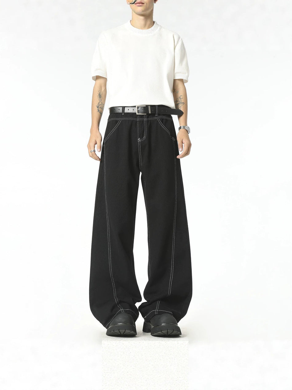 Men's Retro Washed Straight Leg Jeans Contrast Stitch Denim Pants
