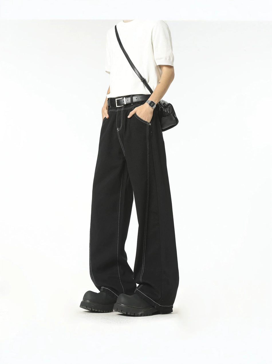 Men's Retro Washed Straight Leg Jeans Contrast Stitch Denim Pants
