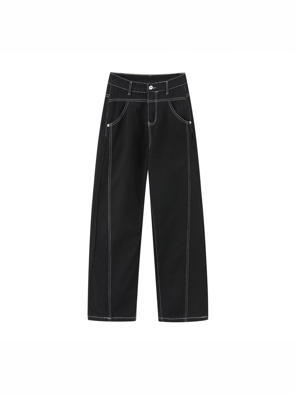 Unisex Deconstructed Wide Leg Jeans Visible Stitch Pants