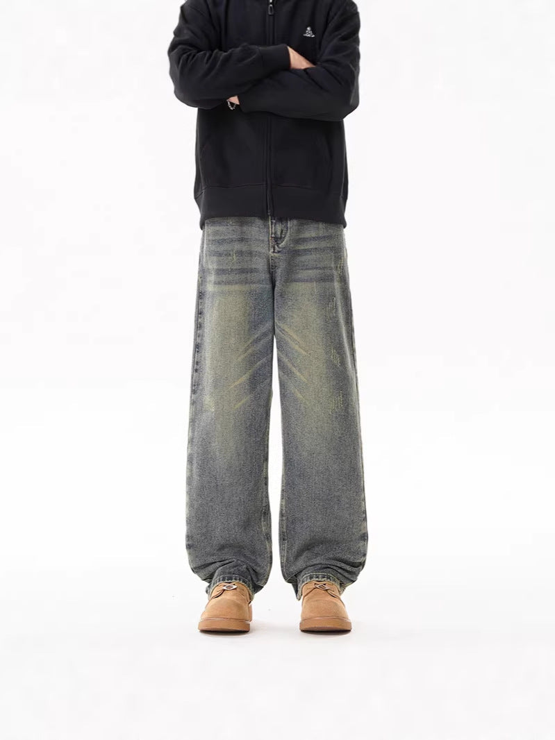 Unisex American Retro Washed Wide Leg Jeans Loose Straight