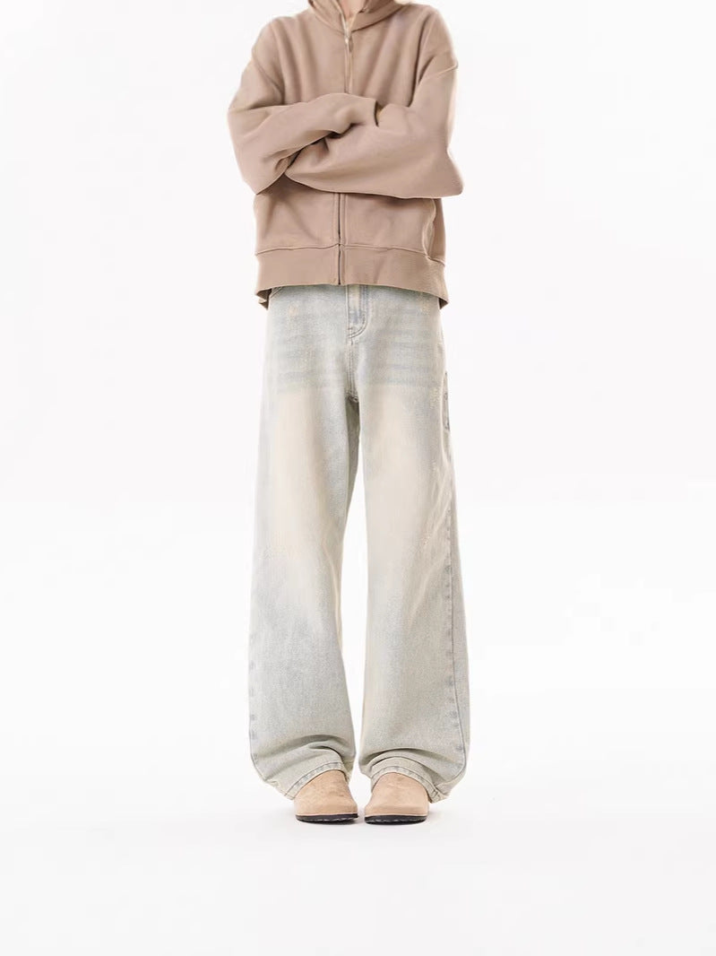 Unisex American Retro Washed Wide Leg Jeans Loose Straight