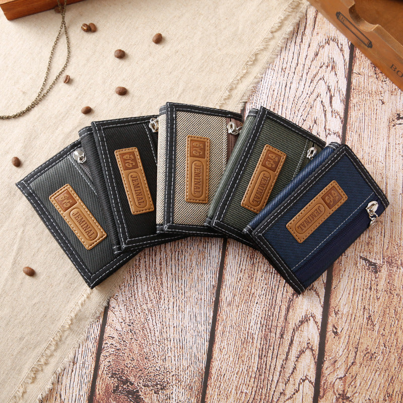 Men's Canvas Tri-Fold Wallet with Double Zipper Pockets