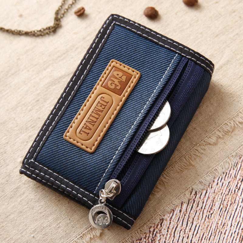 Men's Canvas Tri-Fold Wallet with Double Zipper Pockets