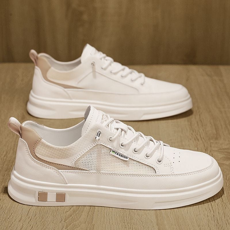 Men's Leather Mesh White Sneakers Breathable Casual Shoes