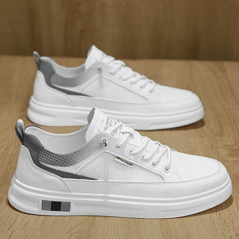 Men's Leather Mesh White Sneakers Breathable Casual Shoes
