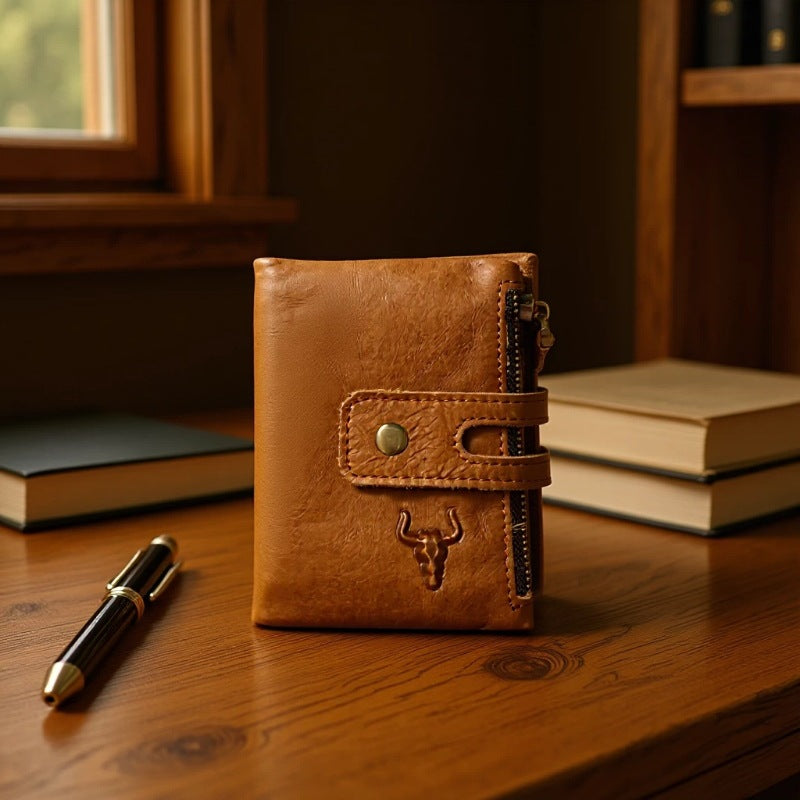 Genuine Leather Men's Wallet with Zipper and Card Slots