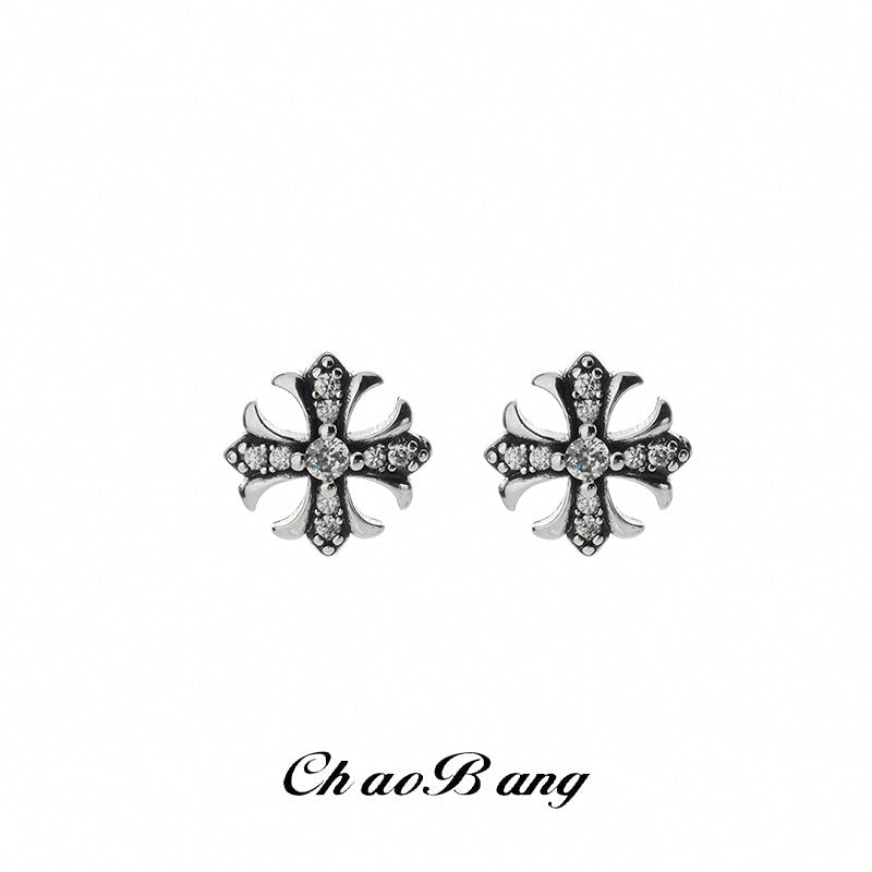 Crow Cross Diamond Stud Earrings Unisex Hip Hop Jewelry