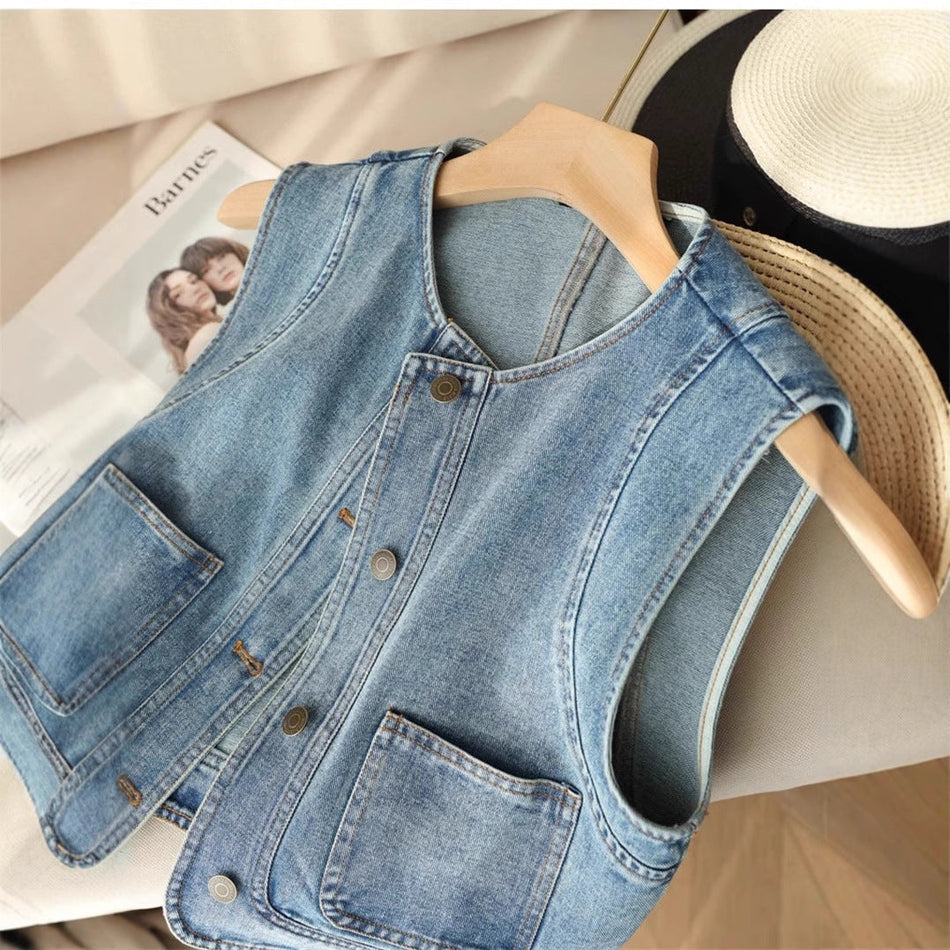 Women's Stacked Denim Vest Loose Sleeveless Casual Jacket