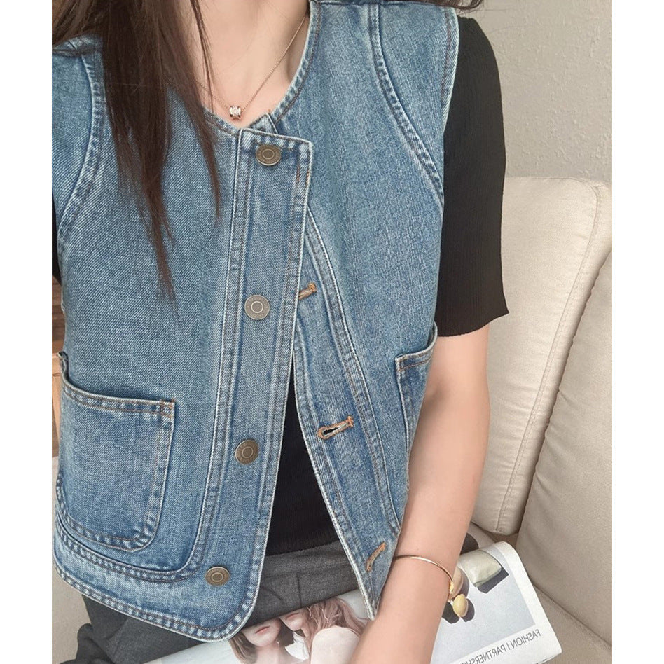 Women's Stacked Denim Vest Loose Sleeveless Casual Jacket