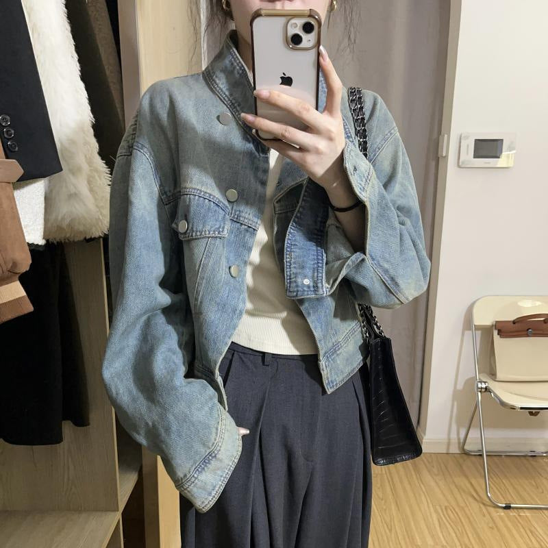 Women's Short Denim Jacket Loose Fit Stand Collar Top