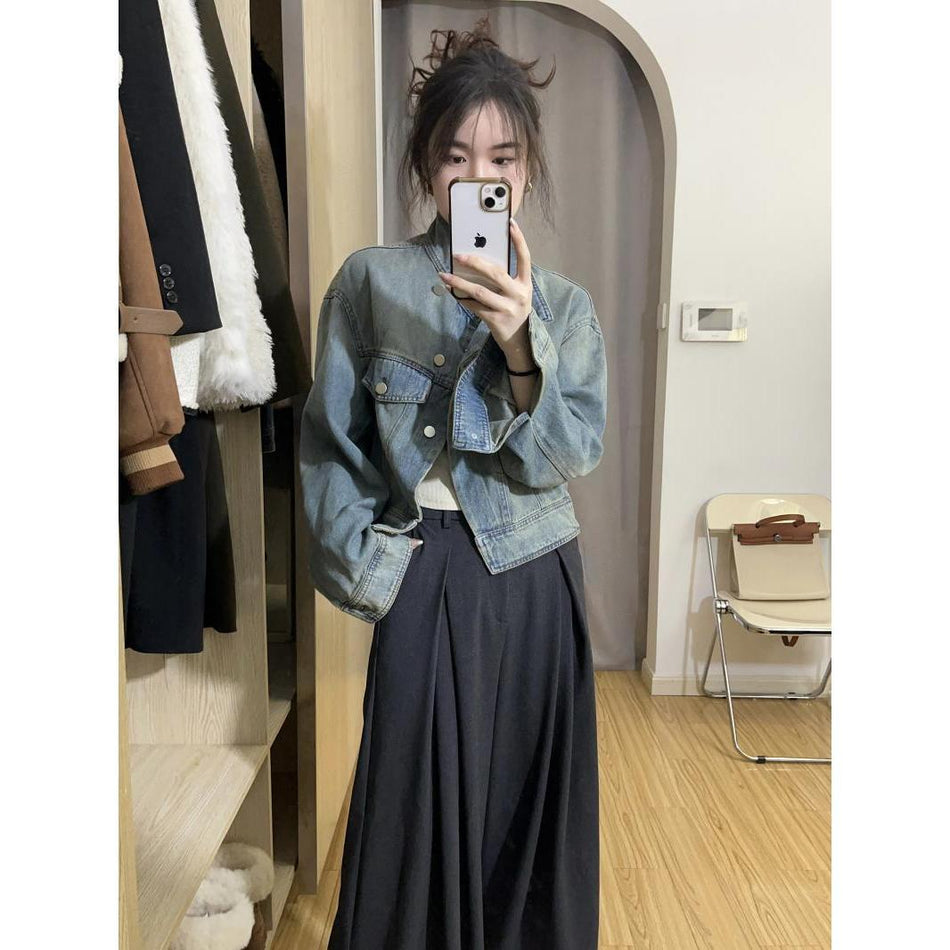 Women's Short Denim Jacket Loose Fit Stand Collar Top