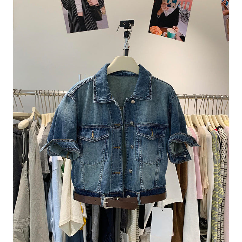 Women's Retro Denim Shirt Short Sleeve Belted Top