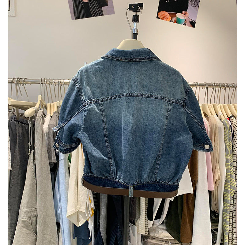 Women's Retro Denim Shirt Short Sleeve Belted Top