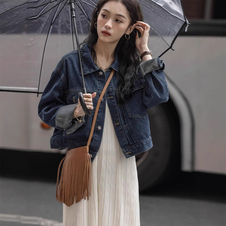 Women's Short Denim Jacket Loose Fit Casual Outerwear