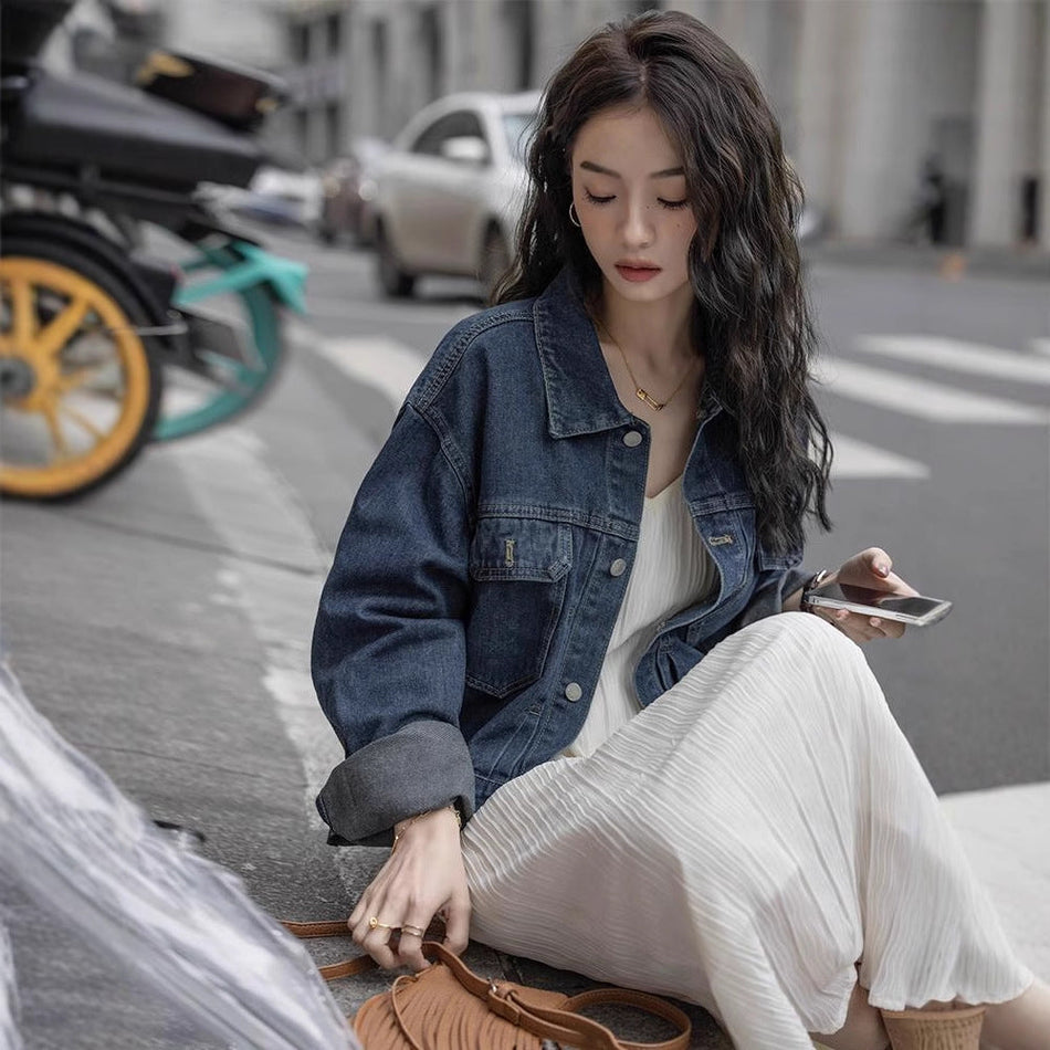 Women's Short Denim Jacket Loose Fit Casual Outerwear
