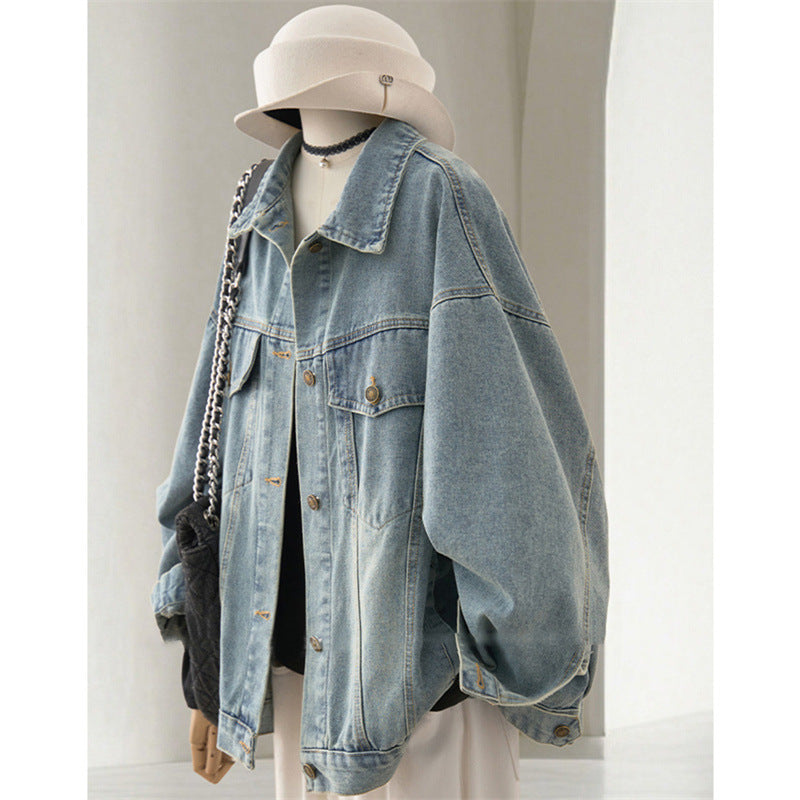 Women's Washed Light Blue Denim Jacket Casual Slim Top