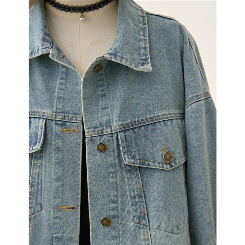 Women's Washed Light Blue Denim Jacket Casual Slim Top