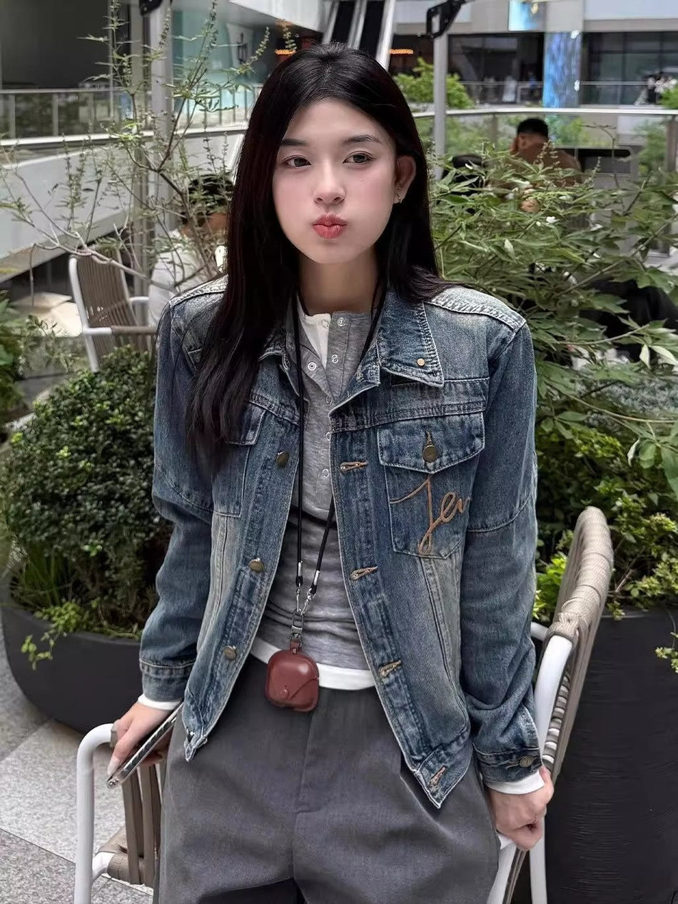 Women's Korean Style Denim Jacket Minimalist Workwear Top
