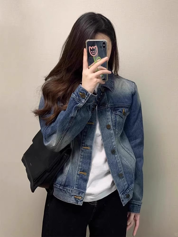 Women's Retro Distressed Denim Jacket Loose Fit Outerwear
