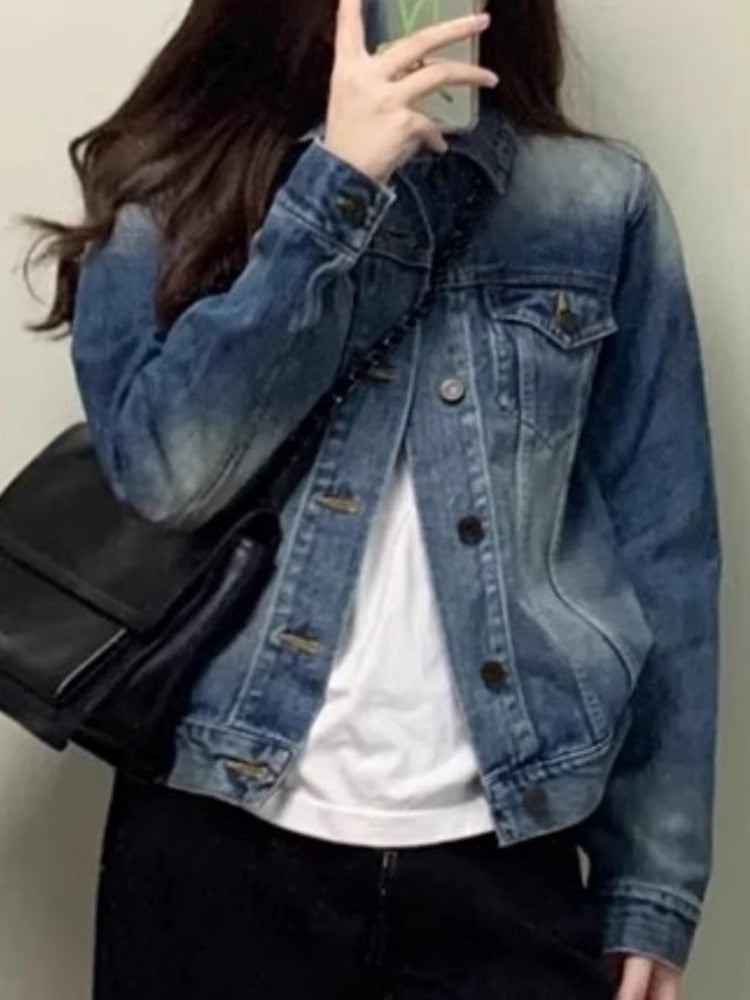 Women's Retro Distressed Denim Jacket Loose Fit Outerwear