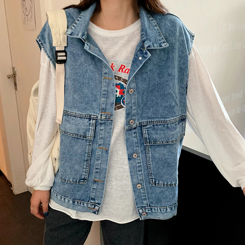 Women's Mid-Length Denim Vest Loose Fit Casual Outerwear