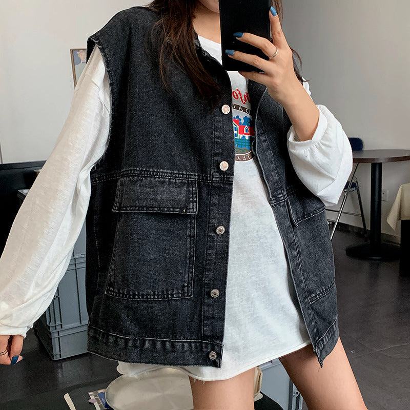 Women's Mid-Length Denim Vest Loose Fit Casual Outerwear