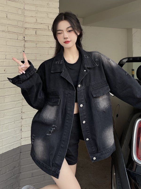 Unisex Washed Black Denim Jacket Loose Fit Casual Outerwear