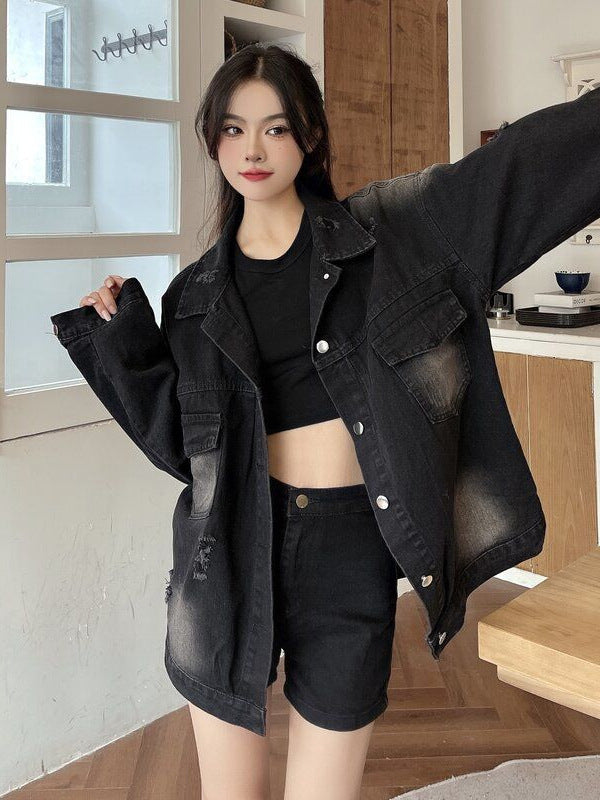 Unisex Washed Black Denim Jacket Loose Fit Casual Outerwear