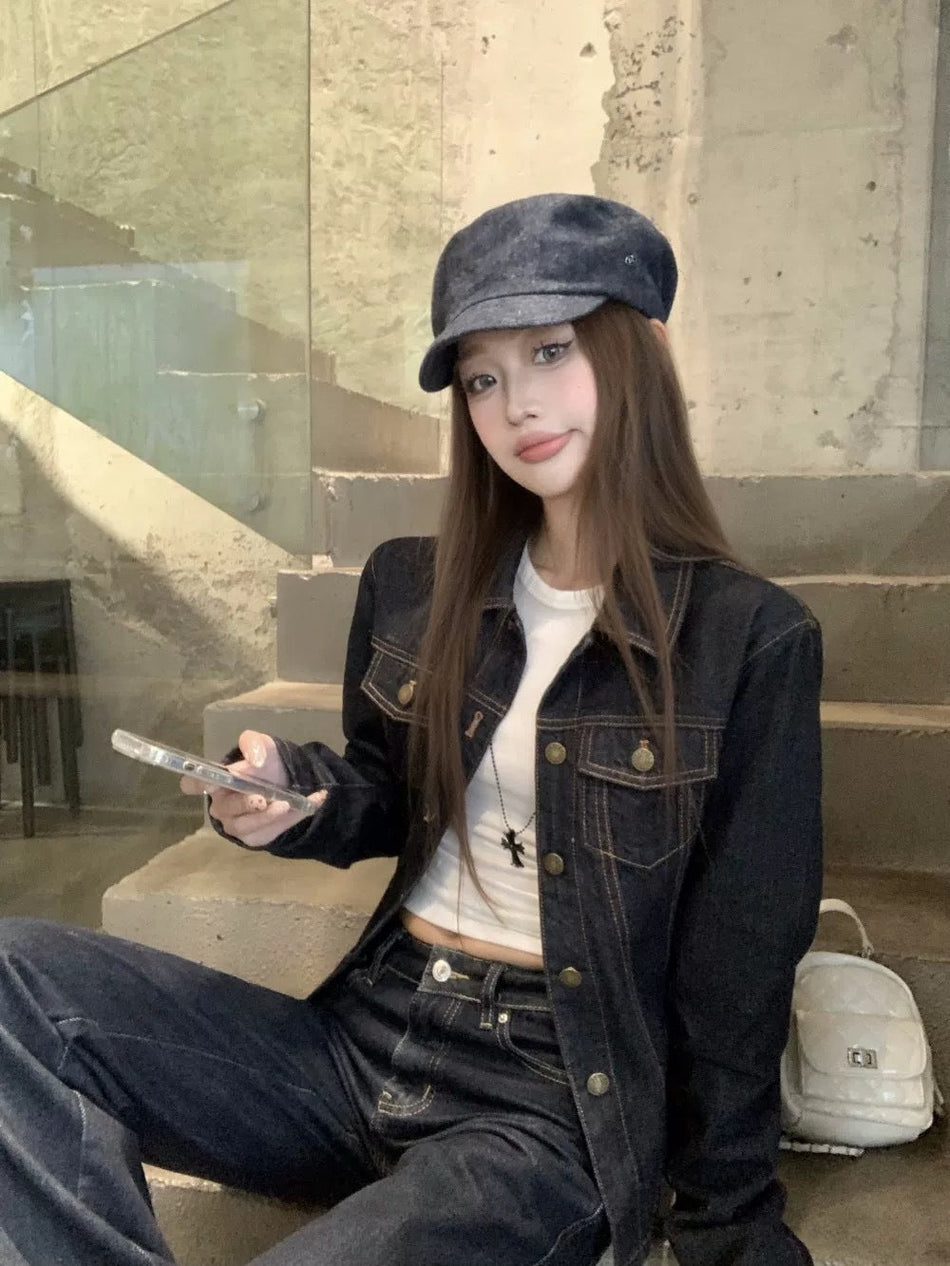 Women's Retro Washed Denim Jacket Loose Fit Casual Outerwear