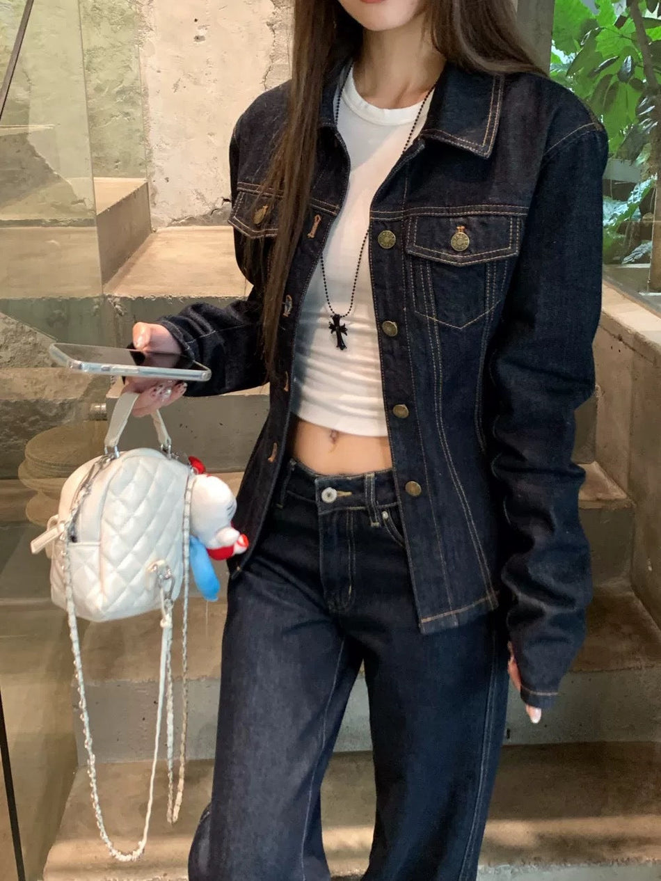 Women's Retro Washed Denim Jacket Loose Fit Casual Outerwear