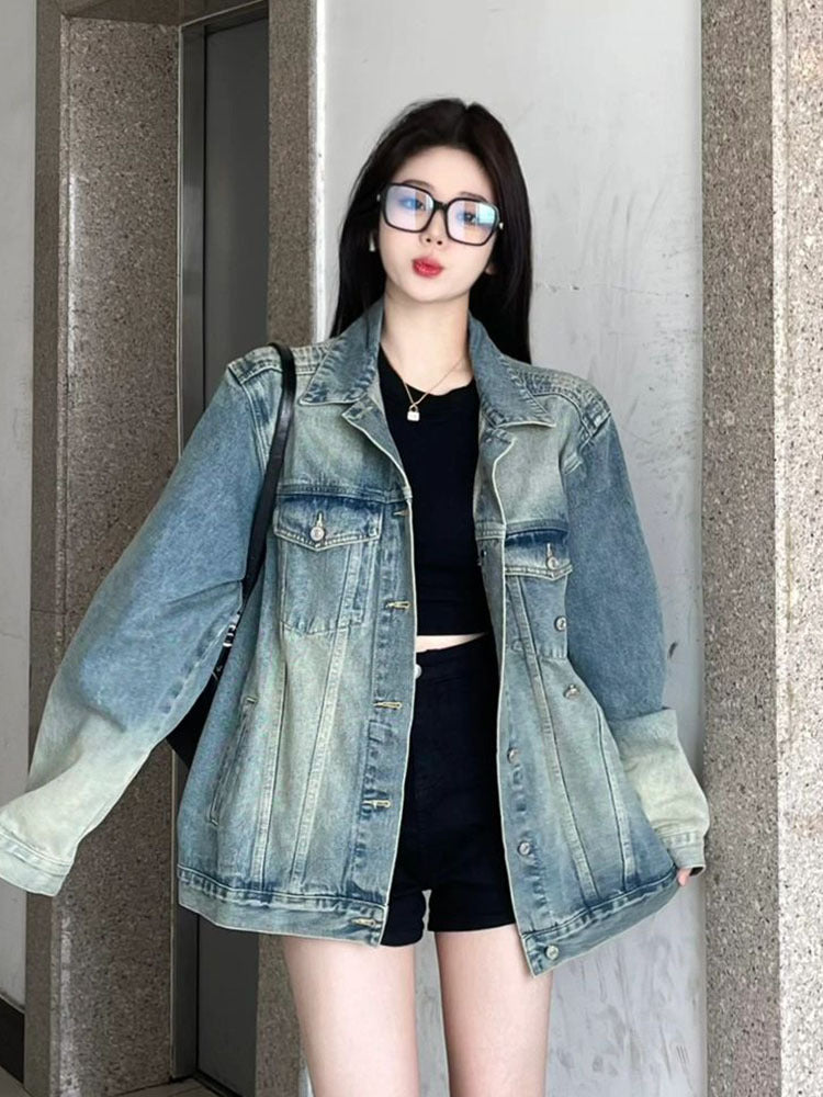 Women's Oversized Washed Denim Jacket Workwear Style Outerwear
