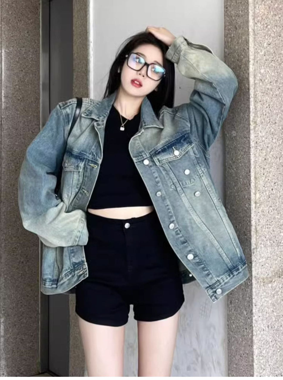 Women's Oversized Washed Denim Jacket Workwear Style Outerwear
