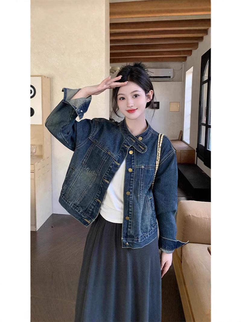 Women's Retro Blue Denim Jacket Zip Front Casual Outerwear