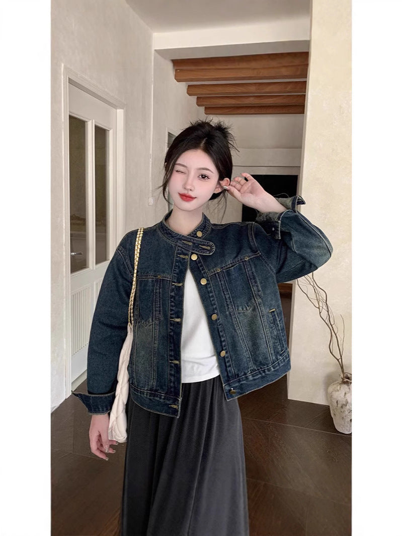 Women's Retro Blue Denim Jacket Zip Front Casual Outerwear