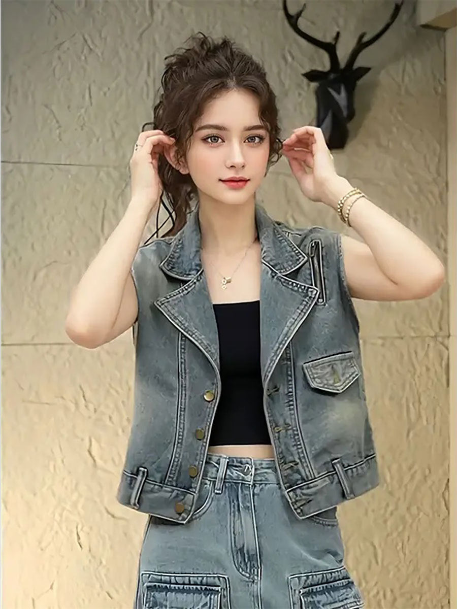 Women's Retro Denim Vest Sleeveless Cropped Jacket